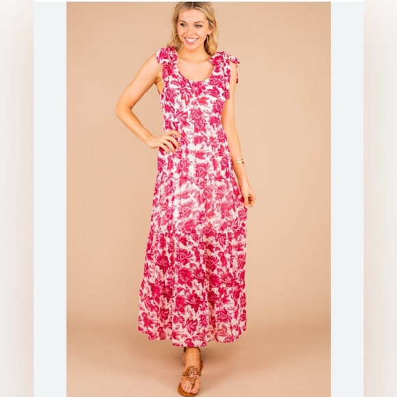 Entro Pink Faux Tie Shoulder Ruffle Tiered Maxi Dress Size Small - Picture 2 of 10